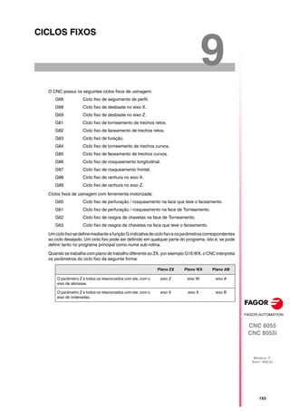 CNC 8055
CNC 8055i
MODELO ·T·
SOFT: V02.2X
9
·153·
CICLOS FIXOS
O CNC possui os seguintes ciclos fixos de usinagem:
G66 Ciclo fixo de seguimento de perfil.
G68 Ciclo fixo de desbaste no eixo X.
G69 Ciclo fixo de desbaste no eixo Z.
G81 Ciclo fixo de torneamento de trechos retos.
G82 Ciclo fixo de faceamento de trechos retos.
G83 Ciclo fixo de furação.
G84 Ciclo fixo de torneamento de trechos curvos.
G85 Ciclo fixo de faceamento de trechos curvos.
G86 Ciclo fixo de rosqueamento longitudinal.
G87 Ciclo fixo de rosqueamento frontal.
G88 Ciclo fixo de ranhura no eixo X.
G89 Ciclo fixo de ranhura no eixo Z.
Ciclos fixos de usinagem com ferramenta motorizada:
G60 Ciclo fixo de perfuração / rosqueamento na face que teve o faceamento.
G61 Ciclo fixo de perfuração / rosqueamento na face de Torneamento.
G62 Ciclo fixo de rasgos de chavetas na face de Torneamento.
G63 Ciclo fixo de rasgos de chavetas na face que teve o faceamento.
UmciclofixosedefinemedianteafunçãoGindicativadeciclofixoeosparâmetroscorrespondentes
ao ciclo desejado. Um ciclo fixo pode ser definido em qualquer parte do programa, isto é, se pode
definir tanto no programa principal como numa sub-rotina.
Quando se trabalha com plano de trabalho diferente ao ZX, por exemplo G16 WX, o CNC interpreta
os parâmetros do ciclo fixo da seguinte forma:
Plano ZX Plano WX Plano AB
O parâmetro Z e todos os relacionados com ele, com o
eixo de abcissas.
eixo Z eixo W eixo A
O parâmetro Z e todos os relacionados com ele, com o
eixo de ordenadas.
eixo X eixo X eixo B
 
