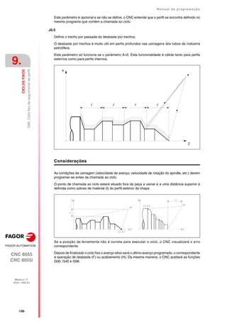 ·156·
Manual de programação
CNC 8055
CNC 8055i
9.
CICLOS
FIXOS
MODELO ·T·
SOFT: V02.2X
G66.
Ciclo
fixo
de
seguimento
de
perfil
Este parâmetro é opcional e se não se define, o CNC entende que o perfil se encontra definido no
mesmo programa que contém a chamada ao ciclo.
J5.5
Define o trecho por passada do desbaste por trechos.
O desbaste por trechos é muito útil em perfis profundos nas usinagens dos tubos da índústria
petrolífera.
Este parâmetro só funciona se o parâmetro A=0. Esta funcionalidade é válida tanto para perfis
externos como para perfis internos.
Considerações
As condições de usinagem (velocidade de avanço, velocidade de rotação do spindle, etc.) devem
programar-se antes da chamada ao ciclo.
O ponto de chamada ao ciclo estará situado fora da peça a usinar e a uma distância superior à
definida como sobras de material (I) do perfil exterior da chapa.
Se a posição da ferramenta não é correta para executar o ciclo, o CNC visualizará o erro
correspondente.
Depois de finalizado o ciclo fixo o avanço ativo será o último avanço programado, o correspondente
à operação de desbaste (F) ou acabamento (H). Da mesma maneira, o CNC aceitará as funções
G00, G40 e G96.
J
J
J
J
X
Z
 