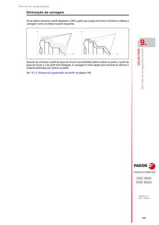 Manual de programação
CNC 8055
CNC 8055i
CICLOS
FIXOS
9.
MODELO ·T·
SOFT: V02.2X
·157·
G66.
Ciclo
fixo
de
seguimento
de
perfil
Otimização da usinagem
Se se define somente o perfil desejado o CNC supõe que a peça em bruto é cilíndrica e efetua a
usinagem como se indica na parte esquerda.
Quando se conhece o perfil da peça em bruto é aconselhável definir ambos os perfis, o perfil da
peça em bruto e o do perfil final desejado. A usinagem é mais rápida pois somente se elimina o
material delimitado por ambos os perfis.
Ver "9.1.2 Sintaxe de programação de perfis" na página 160.
 