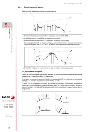 ·158·
Manual de programação
CNC 8055
CNC 8055i
9.
CICLOS
FIXOS
MODELO ·T·
SOFT: V02.2X
G66.
Ciclo
fixo
de
seguimento
de
perfil
9.1.1 Funcionamento básico.
Cada uma das passadas se realiza da seguinte forma:
1. O movimento de aproximação "1-2" se realiza em avanço rápido (G00).
2. O deslocamento "2-3" se efetua ao avanço programado (F).
3. O deslocamento de retrocesso "3-1" se realiza em avanço rápido (G00).
Se existe a possibilidade de choque com a peça, este deslocamento se realizará mediante dois
deslocamentos em G00 ("3-4" e "4-1"), da mesma maneira como indica a seguinte figura.
4. O ciclo fixo finalizará ao mesmo ponto em que se realizou a chamada ao ciclo.
As passadas de usinagem
Depois de calculado o perfil que se deve executar, se calcularão todas as passadas necessárias
para eliminar o material que sobra (I) programado.
A usinagem se executará mantendo o trabalho em aresta viva (G07) ou arredondamento de aresta
(G05) que se encontra selecionado quando chamar ao ciclo.
Quando não se programa o parâmetro "M" se efetuam passadas eqüidistantes, mantendo a
distância "C" entre 2 passadas consecutivas. Além disso, se o último trecho do perfil é um trecho
curvo ou um plano inclinado, o CNC calculará as diferentes passadas sem superar a cota máxima
programada.
 