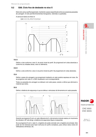 Manual de programação
CNC 8055
CNC 8055i
CICLOS
FIXOS
9.
MODELO ·T·
SOFT: V02.2X
·161·
G68.
Ciclo
fixo
de
desbaste
no
eixo
X
9.2 G68. Ciclo fixo de desbaste no eixo X
Este ciclo usina o perfil programado, mantendo o passo especificado entre as sucessivas passadas
de usinagem. O ciclo permite ferramentas triangulares, redondas e quadradas.
A estrutura básica do bloco é:
G68 X Z C D L M K F H S E Q J
X±5.5
Define a cota conforme o eixo X, do ponto inicial do perfil. Se programará em cotas absolutas e
conforme as unidades ativas, raios ou diâmetros.
Z±5.5
Define a cota conforme o eixo Z, do ponto inicial do perfil. Se programará em cotas absolutas.
C5.5
Define o passo de usinagem e se programará mediante um valor positivo expresso em raios. Se
se programa com valor 0, o CNC visualizará o erro correspondente.
Todas as passadas de usinagem se efetuam com este passo, exceto a última que eliminará o
material que sobra.
D5.5
Define a distância de segurança à que se efetua o retrocesso da ferramenta em cada passada.
Quando se programa D com um valor diferente de 0, a ferramenta cortante realiza um movimento
de retirada a 45º até atingir a distância de segurança (figura à esquerda).
Se se programa D com o valor 0, a trajetória de saída coincide com a trajetória de entrada. Esto
pode ser de interesse para fazer ranhuras em perfis complexos, para utilizar estos ciclos em
retificadoras cilíndricas, etc.
 