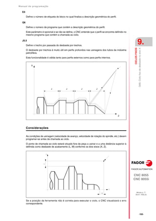 Manual de programação
CNC 8055
CNC 8055i
CICLOS
FIXOS
9.
MODELO ·T·
SOFT: V02.2X
·163·
G68.
Ciclo
fixo
de
desbaste
no
eixo
X
E4
Define o número de etiqueta do bloco no qual finaliza a descrição geométrica do perfil.
Q6
Define o número de programa que contém a descrição geométrica do perfil.
Este parâmetro é opcional e se não se define, o CNC entende que o perfil se encontra definido no
mesmo programa que contém a chamada ao ciclo.
J5.5
Define o trecho por passada do desbaste por trechos.
O desbaste por trechos é muito útil em perfis profundos nas usinagens dos tubos da índústria
petrolífera.
Esta funcionalidade é válida tanto para perfis externos como para perfis internos.
Considerações
As condições de usinagem (velocidade de avanço, velocidade de rotação do spindle, etc.) devem
programar-se antes da chamada ao ciclo.
O ponto de chamada ao ciclo estará situado fora da peça a usinar e a uma distância superior à
definida como desbaste de acabamento (L, M) conforme os dois eixos (X, Z).
Se a posição da ferramenta não é correta para executar o ciclo, o CNC visualizará o erro
correspondente.
J
J
J
J
X
Z
 