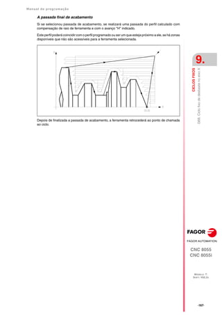 Manual de programação
CNC 8055
CNC 8055i
CICLOS
FIXOS
9.
MODELO ·T·
SOFT: V02.2X
·167·
G68.
Ciclo
fixo
de
desbaste
no
eixo
X
A passada final de acabamento
Si se selecionou passada de acabamento, se realizará uma passada do perfil calculado com
compensação de raio de ferramenta e com o avanço "H" indicado.
Este perfil poderá coincidir com o perfil programado ou ser um que esteja próximo a ele, se há zonas
disponíveis que não são acessíveis para a ferramenta selecionada.
Depois de finalizada a passada de acabamento, a ferramenta retrocederá ao ponto de chamada
ao ciclo.
 
