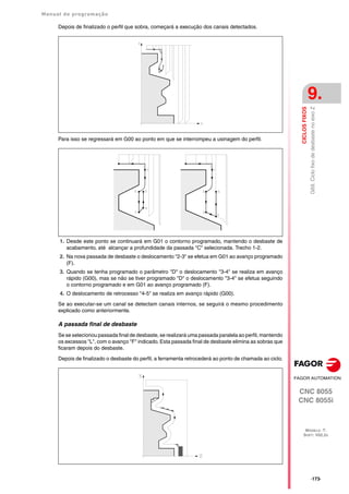 Manual de programação
CNC 8055
CNC 8055i
CICLOS
FIXOS
9.
MODELO ·T·
SOFT: V02.2X
·173·
G69.
Ciclo
fixo
de
desbaste
no
eixo
Z
Depois de finalizado o perfil que sobra, começará a execução dos canais detectados.
Para isso se regressará em G00 ao ponto em que se interrompeu a usinagem do perfil.
1. Desde este ponto se continuará em G01 o contorno programado, mantendo o desbaste de
acabamento, até alcançar a profundidade da passada "C" selecionada. Trecho 1-2.
2. Na nova passada de desbaste o deslocamento "2-3" se efetua em G01 ao avanço programado
(F).
3. Quando se tenha programado o parâmetro "D" o deslocamento "3-4" se realiza em avanço
rápido (G00), mas se não se tiver programado "D" o deslocamento "3-4" se efetua seguindo
o contorno programado e em G01 ao avanço programado (F).
4. O deslocamento de retrocesso "4-5" se realiza em avanço rápido (G00).
Se ao executar-se um canal se detectam canais internos, se seguirá o mesmo procedimento
explicado como anteriormente.
A passada final de desbaste
Se se selecionou passada final de desbaste, se realizará uma passada paralela ao perfil, mantendo
os excessos "L", com o avanço "F" indicado. Esta passada final de desbaste elimina as sobras que
ficaram depois do desbaste.
Depois de finalizado o desbaste do perfil, a ferramenta retrocederá ao ponto de chamada ao ciclo.
 
