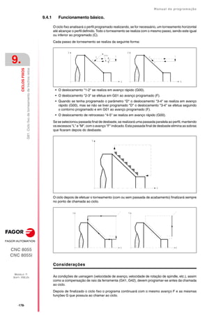 ·178·
Manual de programação
CNC 8055
CNC 8055i
9.
CICLOS
FIXOS
MODELO ·T·
SOFT: V02.2X
G81.
Ciclo
fixo
de
torneamento
de
trechos
retos
9.4.1 Funcionamento básico.
O ciclo fixo analisará o perfil programado realizando, se for necessário, um torneamento horizontal
até alcançar o perfil definido. Todo o torneamento se realiza com o mesmo passo, sendo este igual
ou inferior ao programado (C).
Cada passo de torneamento se realiza da seguinte forma:
• O deslocamento "1-2" se realiza em avanço rápido (G00).
• O deslocamento "2-3" se efetua em G01 ao avanço programado (F).
• Quando se tenha programado o parâmetro "D" o deslocamento "3-4" se realiza em avanço
rápido (G00), mas se não se tiver programado "D" o deslocamento "3-4" se efetua seguindo
o contorno programado e em G01 ao avanço programado (F).
• O deslocamento de retrocesso "4-5" se realiza em avanço rápido (G00).
Se se selecionou passada final de desbaste, se realizará uma passada paralela ao perfil, mantendo
os excessos "L" e "M", com o avanço "F" indicado. Esta passada final de desbaste elimina as sobras
que ficaram depois do desbaste.
O ciclo depois de efetuar o torneamento (com ou sem passada de acabamento) finalizará sempre
no ponto de chamada ao ciclo.
Considerações
As condições de usinagem (velocidade de avanço, velocidade de rotação de spindle, etc.), assim
como a compensação de raio da ferramenta (G41, G42), devem programar-se antes da chamada
ao ciclo.
Depois de finalizado o ciclo fixo o programa continuará com o mesmo avanço F e as mesmas
funções G que possuía ao chamar ao ciclo.
 