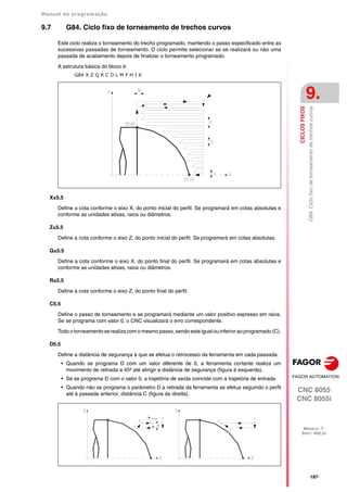 Manual de programação
CNC 8055
CNC 8055i
CICLOS
FIXOS
9.
MODELO ·T·
SOFT: V02.2X
·187·
G84.
Ciclo
fixo
de
torneamento
de
trechos
curvos
9.7 G84. Ciclo fixo de torneamento de trechos curvos
Este ciclo realiza o torneamento do trecho programado, mantendo o passo especificado entre as
sucessivas passadas de torneamento. O ciclo permite selecionar se se realizará ou não uma
passada de acabamento depois de finalizar o torneamento programado.
A estrutura básica do bloco é:
G84 X Z Q R C D L M F H I K
X±5.5
Define a cota conforme o eixo X, do ponto inicial do perfil. Se programará em cotas absolutas e
conforme as unidades ativas, raios ou diâmetros.
Z±5.5
Define a cota conforme o eixo Z, do ponto inicial do perfil. Se programará em cotas absolutas.
Q±5.5
Define a cota conforme o eixo X, do ponto final do perfil. Se programará em cotas absolutas e
conforme as unidades ativas, raios ou diâmetros.
R±5.5
Define a cota conforme o eixo Z, do ponto final do perfil.
C5.5
Define o passo de torneamento e se programará mediante um valor positivo expresso em raios.
Se se programa com valor 0, o CNC visualizará o erro correspondente.
Todo o torneamento se realiza com o mesmo passo, sendo este igual ou inferior ao programado (C).
D5.5
Define a distância de segurança à que se efetua o retrocesso da ferramenta em cada passada.
• Quando se programa D com um valor diferente de 0, a ferramenta cortante realiza um
movimento de retirada a 45º até atingir a distância de segurança (figura à esquerda).
• Se se programa D com o valor 0, a trajetória de saída coincide com a trajetória de entrada.
• Quando não se programa o parâmetro D a retirada da ferramenta se efetua seguindo o perfil
até à passada anterior, distância C (figura da direita).
 
