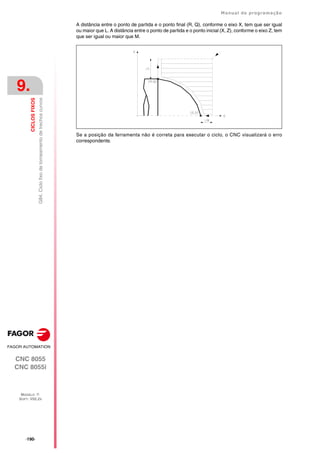 ·190·
Manual de programação
CNC 8055
CNC 8055i
9.
CICLOS
FIXOS
MODELO ·T·
SOFT: V02.2X
G84.
Ciclo
fixo
de
torneamento
de
trechos
curvos
A distância entre o ponto de partida e o ponto final (R, Q), conforme o eixo X, tem que ser igual
ou maior que L. A distância entre o ponto de partida e o ponto inicial (X, Z), conforme o eixo Z, tem
que ser igual ou maior que M.
Se a posição da ferramenta não é correta para executar o ciclo, o CNC visualizará o erro
correspondente.
 