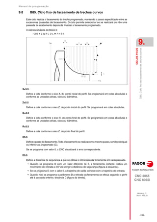 Manual de programação
CNC 8055
CNC 8055i
CICLOS
FIXOS
9.
MODELO ·T·
SOFT: V02.2X
·191·
G85.
Ciclo
fixo
de
faceamento
de
trechos
curvos
9.8 G85. Ciclo fixo de faceamento de trechos curvos
Este ciclo realiza o faceamento do trecho programado, mantendo o passo especificado entre as
sucessivas passadas de faceamento. O ciclo permite selecionar se se realizará ou não uma
passada de acabamento depois de finalizar o faceamento programado.
A estrutura básica do bloco é:
G85 X Z Q R C D L M F H I K
X±5.5
Define a cota conforme o eixo X, do ponto inicial do perfil. Se programará em cotas absolutas e
conforme as unidades ativas, raios ou diâmetros.
Z±5.5
Define a cota conforme o eixo Z, do ponto inicial do perfil. Se programará em cotas absolutas.
Q±5.5
Define a cota conforme o eixo X, do ponto final do perfil. Se programará em cotas absolutas e
conforme as unidades ativas, raios ou diâmetros.
R±5.5
Define a cota conforme o eixo Z, do ponto final do perfil.
C5.5
Define o passo de faceamento. Todo o faceamento se realiza com o mesmo passo, sendo este igual
ou inferior ao programado (C).
Se se programa com valor 0, o CNC visualizará o erro correspondente.
D5.5
Define a distância de segurança à que se efetua o retrocesso da ferramenta em cada passada.
• Quando se programa D com um valor diferente de 0, a ferramenta cortante realiza um
movimento de retirada a 45º até atingir a distância de segurança (figura à esquerda).
• Se se programa D com o valor 0, a trajetória de saída coincide com a trajetória de entrada.
• Quando não se programa o parâmetro D a retirada da ferramenta se efetua seguindo o perfil
até à passada anterior, distância C (figura da direita).
 