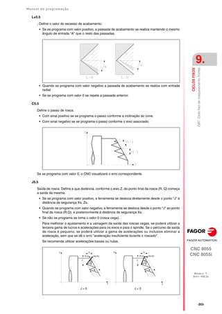 Manual de programação
CNC 8055
CNC 8055i
CICLOS
FIXOS
9.
MODELO ·T·
SOFT: V02.2X
·203·
G87.
Ciclo
fixo
de
rosqueamento
frontal
L±5.5
; Define o valor do excesso de acabamento.
• Se se programa com valor positivo, a passada de acabamento se realiza mantendo o mesmo
ângulo de entrada "A" que o resto das passadas.
• Quando se programa com valor negativo a passada de acabamento se realiza com entrada
radial.
• Se se programa com valor 0 se repete a passada anterior.
C5.5
Define o passo de rosca.
• Com sinal positivo se se programa o passo conforme a inclinação do cone.
• Com sinal negativo se se programa o passo conforme o eixo associado.
Se se programa com valor 0, o CNC visualizará o erro correspondente.
J5.5
Saída de rosca. Define a que distância, conforme o eixo Z, do ponto final da rosca (R, Q) começa
a saída da mesma.
• Se se programa com valor positivo, a ferramenta se desloca diretamente desde o ponto "J" à
distância de segurança Xs, Zs.
• Quando se programa com valor negativo, a ferramenta se desloca desde o ponto "J" ao ponto
final da rosca (R,Q), e posteriormente à distância de segurança Xs.
• Se não se programa se toma o valor 0 (rosca cega).
Para melhorar o ajustamento e a usinagem da saída das roscas cegas, se poderá utilizar a
terceira gama de lucros e acelerações para os eixos e para o spindle. Se o percurso da saída
de rosca é pequeno, se poderá utilizar a gama de acelerações ou inclusive eliminar a
aceleração, sem que se dê o erro "aceleração insuficiente durante o roscado".
Se recomenda utilizar acelerações baixas ou nulas.
J > 0 J < 0
D
X
J
(R,Q) (Xs,Zs)
Z
D
X
J
(R,Q) (Xs,Zs)
Z
 