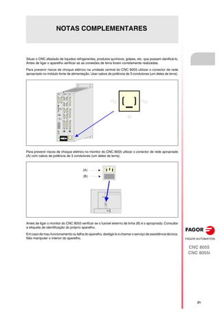 CNC 8055
CNC 8055i
·21·
NOTAS COMPLEMENTARES
Situar o CNC afastado de líquidos refrigerantes, produtos químicos, golpes, etc. que possam danificá-lo.
Antes de ligar o aparelho verificar se as conexões de terra foram corretamente realizadas.
Para prevenir riscos de choque elétrico na unidade central do CNC 8055 utilizar o conector de rede
apropriado no módulo fonte de alimentação. Usar cabos de potência de 3 condutores (um deles de terra).
Para prevenir riscos de choque elétrico no monitor do CNC 8055 utilizar o conector de rede apropriado
(A) com cabos de potência de 3 condutores (um deles de terra).
Antes de ligar o monitor do CNC 8055 verificar se o fusível externo de linha (B) é o apropriado. Consultar
a etiqueta de identificação do próprio aparelho.
Em caso de mau funcionamento ou falha do aparelho, desligá-lo e chamar o serviço de assistência técnica.
Não manipular o interior do aparelho.
FAGOR
I/O
X1
X2
X3
AXES
X1 X2
X3 X4
X5 X6
X7 X8
X9
X10
CPU
X1 X2
CMPCT
FLASH
ETH
COM1
X3
CD
E
F
0
B
A
9
8
1
7
2
6
3
54
IN
OUT
NODE
USB
(A)
(B)
X1
W1
 