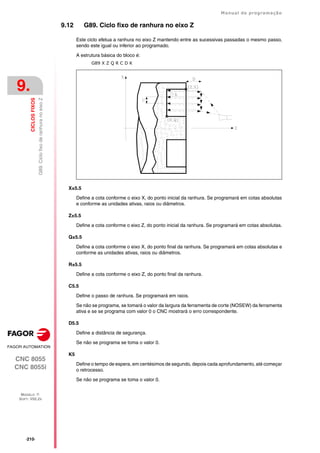 ·210·
Manual de programação
CNC 8055
CNC 8055i
9.
CICLOS
FIXOS
MODELO ·T·
SOFT: V02.2X
G89.
Ciclo
fixo
de
ranhura
no
eixo
Z
9.12 G89. Ciclo fixo de ranhura no eixo Z
Este ciclo efetua a ranhura no eixo Z mantendo entre as sucessivas passadas o mesmo passo,
sendo este igual ou inferior ao programado.
A estrutura básica do bloco é:
G89 X Z Q R C D K
X±5.5
Define a cota conforme o eixo X, do ponto inicial da ranhura. Se programará em cotas absolutas
e conforme as unidades ativas, raios ou diâmetros.
Z±5.5
Define a cota conforme o eixo Z, do ponto inicial da ranhura. Se programará em cotas absolutas.
Q±5.5
Define a cota conforme o eixo X, do ponto final da ranhura. Se programará em cotas absolutas e
conforme as unidades ativas, raios ou diâmetros.
R±5.5
Define a cota conforme o eixo Z, do ponto final da ranhura.
C5.5
Define o passo de ranhura. Se programará em raios.
Se não se programa, se tomará o valor da largura da ferramenta de corte (NOSEW) da ferramenta
ativa e se se programa com valor 0 o CNC mostrará o erro correspondente.
D5.5
Define a distância de segurança.
Se não se programa se toma o valor 0.
K5
Define o tempo de espera, em centésimos de segundo, depois cada aprofundamento, até começar
o retrocesso.
Se não se programa se toma o valor 0.
 