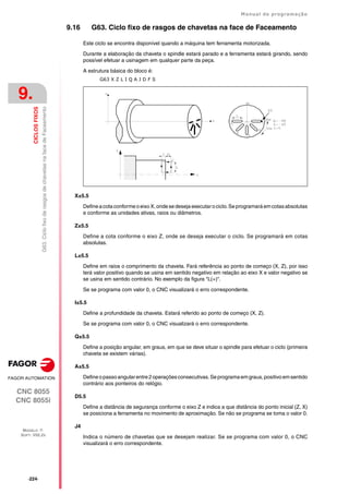 ·224·
Manual de programação
CNC 8055
CNC 8055i
9.
CICLOS
FIXOS
MODELO ·T·
SOFT: V02.2X
G63.
Ciclo
fixo
de
rasgos
de
chavetas
na
face
de
Faceamento
9.16 G63. Ciclo fixo de rasgos de chavetas na face de Faceamento
Este ciclo se encontra disponível quando a máquina tem ferramenta motorizada.
Durante a elaboração da chaveta o spindle estará parado e a ferramenta estará girando, sendo
possível efetuar a usinagem em qualquer parte da peça.
A estrutura básica do bloco é:
G63 X Z L I Q A J D F S
X±5.5
Definea cota conforme oeixoX,ondese desejaexecutarociclo.Seprogramará emcotasabsolutas
e conforme as unidades ativas, raios ou diâmetros.
Z±5.5
Define a cota conforme o eixo Z, onde se deseja executar o ciclo. Se programará em cotas
absolutas.
L±5.5
Define em raios o comprimento da chaveta. Fará referência ao ponto de começo (X, Z), por isso
terá valor positivo quando se usina em sentido negativo em relação ao eixo X e valor negativo se
se usina em sentido contrário. No exemplo da figura "L(+)".
Se se programa com valor 0, o CNC visualizará o erro correspondente.
I±5.5
Define a profundidade da chaveta. Estará referido ao ponto de começo (X, Z).
Se se programa com valor 0, o CNC visualizará o erro correspondente.
Q±5.5
Define a posição angular, em graus, em que se deve situar o spindle para efetuar o ciclo (primeira
chaveta se existem várias).
A±5.5
Defineopassoangularentre2operaçõesconsecutivas.Seprogramaemgraus,positivoemsentido
contrário aos ponteiros do relógio.
D5.5
Define a distância de segurança conforme o eixo Z e indica a que distância do ponto inicial (Z, X)
se posiciona a ferramenta no movimento de aproximação. Se não se programa se toma o valor 0.
J4
Indica o número de chavetas que se desejam realizar. Se se programa com valor 0, o CNC
visualizará o erro correspondente.
 