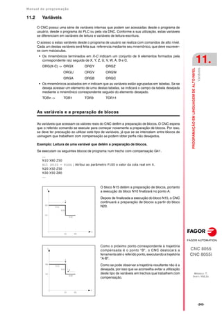 Manual de programação
CNC 8055
CNC 8055i
PROGRAMAÇÃO
EM
LINGUAGEM
DE
ALTO
NIVEL
11.
MODELO ·T·
SOFT: V02.2X
·245·
Variáveis
11.2 Variáveis
O CNC possui uma série de variáveis internas que podem ser acessadas desde o programa de
usuário, desde o programa do PLC ou pela via DNC. Conforme a sua utilização, estas variáveis
se diferenciam em variáveis de leitura e variáveis de leitura-escritura.
O acesso a estas variáveis desde o programa de usuário se realiza com comandos de alto nível.
Cada um destas variáveis será feita sua referencia mediante seu mnemônico, que deve escrever-
se com maiúsculas.
• Os mnemônicos terminados em X-C indicam um conjunto de 9 elementos formados pela
correspondente raiz seguida de X, Y, Z, U, V, W, A, B e C.
ORG(X-C) -> ORGX ORGY ORGZ
ORGU ORGV ORGW
ORGA ORGB ORGC
• Os mnemônicos acabados em n indicam que as variáveis estão agrupadas em tabelas. Se se
deseja acessar um elemento de uma destas tabelas, se indicará o campo da tabela desejada
mediante o mnemônico correspondente seguido do elemento desejado.
TORn -> TOR1 TOR3 TOR11
As variáveis e a preparação de blocos
As variáveis que acessam os valores reais do CNC detêm a preparação de blocos. O CNC espera
que o referido comando se execute para começar novamente a preparação de blocos. Por isso,
se deve ter precaução ao utilizar este tipo de variáveis, já que se se intercalam entre blocos de
usinagem que trabalhem com compensação se podem obter perfis não desejados.
Exemplo: Leitura de uma variável que detém a preparação de blocos.
Se executam os seguintes blocos de programa num trecho com compensação G41.
...
N10 X80 Z50
N15 (P100 = POSX); Atribui ao parâmetro P100 o valor da cota real em X.
N20 X50 Z50
N30 X50 Z80
...
O bloco N15 detém a preparação de blocos, portanto
a execução do bloco N10 finalizará no ponto A.
Depois de finalizada a execução do bloco N15, o CNC
continuará a preparação de blocos a partir do bloco
N20.
Como o próximo ponto correspondente à trajetória
compensada é o ponto "B", o CNC deslocará a
ferramenta até o referido ponto, executando a trajetória
"A-B".
Como se pode observar a trajetória resultante não é a
desejada, por isso que se aconselha evitar a utilização
deste tipo de variáveis em trechos que trabalhem com
compensação.
 