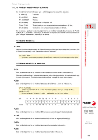Manual de programação
CNC 8055
CNC 8055i
PROGRAMAÇÃO
EM
LINGUAGEM
DE
ALTO
NIVEL
11.
MODELO ·T·
SOFT: V02.2X
·271·
Variáveis
11.2.13 Variáveis associadas ao autômato
Se deverá levar em consideração que o autômato possui os seguintes recursos:
(I1 até I512) Entradas.
(O1 até O512) Saídas.
(M1 até M5957) Marcas.
(R1 até R499) Registros de 32 bits cada um.
(T1 até T512) Temporizadores com uma conta do temporizador em 32 bits.
(C1 até C256) Contadores com uma conta do contador em 32 bits.
Se se acessa a qualquer variável que permite ler ou modificar o estado de um recurso do PLC (I,
O, M, R, T, C), se detém a preparação de blocos e se espera que o referido comando se execute
para começar novamente a preparação de blocos.
Variáveis de leitura
PLCMSG
Devolve o número da mensagem de autômato mais prioritário que se encontre ativo, coincidirá com
o visualizado na tela (1··128). Se não tem nenhum devolve 0.
Variáveis de leitura e escritura
PLCIn
Esta variável permite ler ou modificar 32 entradas do autômato a partir da indicada (n).
Não se poderá modificar o valor das entradas que utiliza o armário elétrico, já que o seu valor está
imposto pelo mesmo. Entretanto, se poderá modificar o estado do resto das entradas.
PLCOn
Esta variável permite ler ou modificar 32 saídas do autômato a partir da indicada (n).
PLCMn
Esta variável permite ler ou modificar 32 marcas do autômato a partir da indicada (n).
PLCRn
Esta variável permite ler ou modificar o estado dos 32 bits do registro indicado (n).
PLCTn
Esta variável permite ler ou modificar a conta do temporizador indicado (n).
PLCCn
Esta variável permite ler ou modificar a conta do contador indicado (n).
(P110=PLCMSG)
Devolve o número de mensagem de autômato mais prioritário que se encontra ativo.
(P110=PLCO 22)
Atribui ao parâmetro P110 o valor das saídas O22 até O53 (32 saídas) do PLC.
(PLCO 22=$F)
Atribui às saídas O22 a O25 o valor 1 e às saídas O26 a O53 o valor 0.
Bit 31 30 29 28 27 26 25 24 23 22 ... 5 4 3 2 1 0
0 0 0 0 0 0 0 0 0 0 .... 0 0 1 1 1 1
Saída 53 52 51 50 49 48 47 46 45 44 .... 27 26 25 24 23 22
 