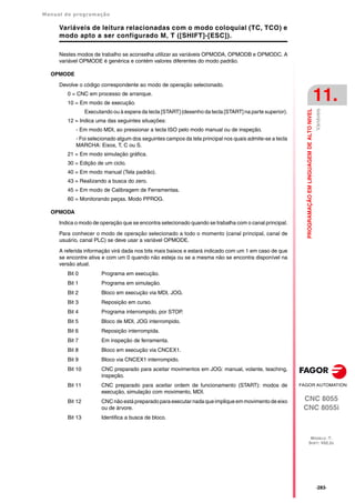 Manual de programação
CNC 8055
CNC 8055i
PROGRAMAÇÃO
EM
LINGUAGEM
DE
ALTO
NIVEL
11.
MODELO ·T·
SOFT: V02.2X
·283·
Variáveis
Variáveis de leitura relacionadas com o modo coloquial (TC, TCO) e
modo apto a ser configurado M, T ([SHIFT]-[ESC]).
Nestes modos de trabalho se aconselha utilizar as variáveis OPMODA, OPMODB e OPMODC. A
variável OPMODE é genérica e contém valores diferentes do modo padrão.
OPMODE
Devolve o código correspondente ao modo de operação selecionado.
0 = CNC em processo de arranque.
10 = Em modo de execução.
Executando ou à espera da tecla [START] (desenho da tecla [START] na parte superior).
12 = Indica uma das seguintes situações:
- Em modo MDI, ao pressionar a tecla ISO pelo modo manual ou de inspeção.
- Foi selecionado algum dos seguintes campos da tela principal nos quais admite-se a tecla
MARCHA: Eixos, T, C ou S.
21 = Em modo simulação gráfica.
30 = Edição de um ciclo.
40 = Em modo manual (Tela padrão).
43 = Realizando a busca do zero.
45 = Em modo de Calibragem de Ferramentas.
60 = Monitorando peças. Modo PPROG.
OPMODA
Indica o modo de operação que se encontra selecionado quando se trabalha com o canal principal.
Para conhecer o modo de operação selecionado a todo o momento (canal principal, canal de
usuário, canal PLC) se deve usar a variável OPMODE.
A referida informação virá dada nos bits mais baixos e estará indicado com um 1 em caso de que
se encontre ativa e com um 0 quando não esteja ou se a mesma não se encontra disponível na
versão atual.
Bit 0 Programa em execução.
Bit 1 Programa em simulação.
Bit 2 Bloco em execução via MDI, JOG.
Bit 3 Reposição em curso.
Bit 4 Programa interrompido, por STOP.
Bit 5 Bloco de MDI, JOG interrompido.
Bit 6 Reposição interrompida.
Bit 7 Em inspeção de ferramenta.
Bit 8 Bloco em execução via CNCEX1.
Bit 9 Bloco via CNCEX1 interrompido.
Bit 10 CNC preparado para aceitar movimentos em JOG: manual, volante, teaching,
inspeção.
Bit 11 CNC preparado para aceitar ordem de funcionamento (START): modos de
execução, simulação com movimento, MDI.
Bit 12 CNC não está preparado para executar nada que implique emmovimento de eixo
ou de árvore.
Bit 13 Identifica a busca de bloco.
 