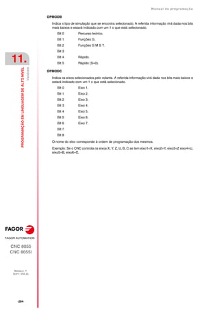 ·284·
Manual de programação
CNC 8055
CNC 8055i
11.
PROGRAMAÇÃO
EM
LINGUAGEM
DE
ALTO
NIVEL
MODELO ·T·
SOFT: V02.2X
Variáveis
OPMODB
Indica o tipo de simulação que se encontra selecionado. A referida informação virá dada nos bits
mais baixos e estará indicado com um 1 o que está selecionado.
Bit 0 Percurso teórico.
Bit 1 Funções G.
Bit 2 Funções G M S T.
Bit 3
Bit 4 Rápido.
Bit 5 Rápido (S=0).
OPMODC
Indica os eixos selecionados pelo volante. A referida informação virá dada nos bits mais baixos e
estará indicado com um 1 o que está selecionado.
Bit 0 Eixo 1.
Bit 1 Eixo 2.
Bit 2 Eixo 3.
Bit 3 Eixo 4.
Bit 4 Eixo 5.
Bit 5 Eixo 6.
Bit 6 Eixo 7.
Bit 7
Bit 8
O nome do eixo corresponde à ordem de programação dos mesmos.
Exemplo: Se o CNC controla os eixos X, Y, Z, U, B, C se tem eixo1=X, eixo2=Y, eixo3=Z eixo4=U,
eixo5=B, eixo6=C.
 