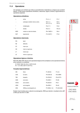Manual de programação
CNC 8055
CNC 8055i
PROGRAMAÇÃO
EM
LINGUAGEM
DE
ALTO
NIVEL
11.
MODELO ·T·
SOFT: V02.2X
·295·
Operadores
11.4 Operadores
Um operador é um símbolo que indica os procedimentos matemáticos ou lógicos que se devem
efetuar. O CNC possui operadores aritméticos, relacionais, lógicos, binários, trigonométricos e
operadores especiais.
Operadores aritméticos.
Operadores relacionais.
Operadores lógicos e binários.
NOT,OR, AND,XOR:Atuamcomo operadoreslógicos entre condiçõese como operadores binários
entre variáveis ou constantes.
IF (FIRST AND GS1 EQ 1) GOTO N100
P5 = (P1 AND (NOT P2 OR P3))
Funções trigonométricas
Existem duas funções para o cálculo do arcotangente, ATAN que devolve o resultado entre ±90º
e ARG que dá entre 0 e 360º.
+ soma. P1=3 + 4 P1=7
- subtração, também menos unária. P2=5 - 2
P3= -(2 * 3)
P2=3
P3=-6
* multiplicação. P4=2 * 3 P4=6
/ divisão. P5=9 / 2 P5=4.5
MOD módulo ou resto da divisão. P6=7 MOD 4 P6=3
EXP exponencial. P7=2 EXP 3 P7=8
EQ igual.
NE diferente.
GT maior que.
GE maior ou igual que.
LT menor que.
LE menor ou igual que.
SIN Seno P1=SIN 30 P1=0.5
COS Co-seno. P2=COS 30 P2=0.8660
TAN tangente. P3=TAN 30 P3=0.5773
ASIN arco-seno. P4=ASIN 1 P4=90
ACOS arco-coseno. P5=ACOS 1 P5=0
ATAN arco-tangente. P6=ATAN 1 P6=45
ARG ARG(x,y) arcotangente y/x. P7=ARG(-1,-2) P7=243.4349
 