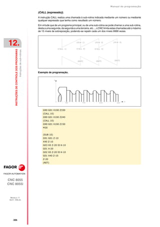 ·306·
Manual de programação
CNC 8055
CNC 8055i
12.
INSTRUÇÕES
DE
CONTROLE
DOS
PROGRAMAS
MODELO ·T·
SOFT: V02.2X
Instruções
de
sub-rotinas.
(CALL (expressão)).
A instrução CALL realiza uma chamada à sub-rotina indicada mediante um número ou mediante
qualquer expressão que tenha como resultado um número.
Em virtude que de um programa principal, ou de uma sub-rotina se pode chamar a uma sub-rotina,
desta auma segunda,da segunda auma terceira,etc...,oCNClimita estaschamadasaté omáximo
de 15 níveis de sobreposição, podendo-se repetir cada um dos níveis 9999 vezes.
Exemplo de programação.
G90 G01 X100 Z330
(CALL 10)
G90 G01 X100 Z240
(CALL 10)
G90 G01 X100 Z150
M30
(SUB 10)
G91 G01 Z-10
X40 Z-10
G03 X0 Z-20 I0 K-10
G01 X-20
G02 X0 Z-20 I0 K-10
G01 X40 Z-10
Z-20
(RET)
 