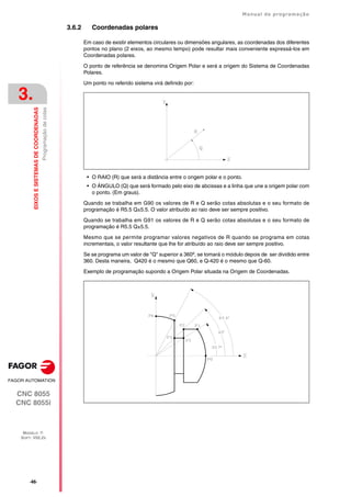 ·46·
Manual de programação
CNC 8055
CNC 8055i
3.
EIXOS
E
SISTEMAS
DE
COORDENADAS
MODELO ·T·
SOFT: V02.2X
Programação
de
cotas
3.6.2 Coordenadas polares
Em caso de existir elementos circulares ou dimensões angulares, as coordenadas dos diferentes
pontos no plano (2 eixos, ao mesmo tempo) pode resultar mais conveniente expressá-los em
Coordenadas polares.
O ponto de referência se denomina Origem Polar e será a origem do Sistema de Coordenadas
Polares.
Um ponto no referido sistema virá definido por:
• O RAIO (R) que será a distância entre o origem polar e o ponto.
• O ÁNGULO (Q) que será formado pelo eixo de abcissas e a linha que une a origem polar com
o ponto. (Em graus).
Quando se trabalha em G90 os valores de R e Q serão cotas absolutas e o seu formato de
programação é R5.5 Q±5.5. O valor atribuído ao raio deve ser sempre positivo.
Quando se trabalha em G91 os valores de R e Q serão cotas absolutas e o seu formato de
programação é R5.5 Q±5.5.
Mesmo que se permite programar valores negativos de R quando se programa em cotas
incrementais, o valor resultante que lhe for atribuído ao raio deve ser sempre positivo.
Se se programa um valor de "Q" superior a 360º, se tomará o módulo depois de ser dividido entre
360. Desta maneira, Q420 é o mesmo que Q60, e Q-420 é o mesmo que Q-60.
Exemplo de programação supondo a Origem Polar situada na Origem de Coordenadas.
 