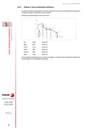 ·48·
Manual de programação
CNC 8055
CNC 8055i
3.
EIXOS
E
SISTEMAS
DE
COORDENADAS
MODELO ·T·
SOFT: V02.2X
Programação
de
cotas
3.6.3 Ângulo e uma coordenada cartesiana
No plano principal se pode definir um ponto mediante uma das suas coordenadas cartesianas e
o ângulo de saída da trajetória do ponto anterior.
Exemplo de programação do eixo X em raios.
X0 Z160 ; Ponto P0
Q90 X30 ; Ponto P1
Q149 Z110 ; Ponto P2
Q180 Z80 ; Ponto P3
Q146.3 Z50 ; Ponto P4
Q90 X100 ; Ponto P0
Se for desejado representar-se um ponto no espaço, o restante das coordenadas poderão ser
programadas, em coordenadas cartesianas.
 