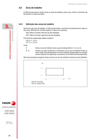 ·50·
Manual de programação
CNC 8055
CNC 8055i
3.
EIXOS
E
SISTEMAS
DE
COORDENADAS
MODELO ·T·
SOFT: V02.2X
Zona
de
trabalho
3.8 Zona de trabalho
O CNC permite possuir quatro zonas ou áreas de trabalho, assim como, limitar o movimento da
ferramenta em cada uma delas.
3.8.1 Definição das zonas de trabalho
Dentro de cada zona de trabalho, o CNC permite limitar o movimento da ferramenta em cada um
dos eixos, definindo-se os limites superior e inferior em cada eixo.
G20: Define os limites inferiores da área desejada.
G21: Define os limites superiores da área desejada.
O formato de programação destas funções é:
G20 K X...C±5.5
G21 K X...C±5.5
Onde:
K Indica a zona de trabalho sobre a qual se deseja definir (1, 2, 3 ou 4).
X...C Indicam as cotas (superiores ou inferiores) com as que se desejam limitar os
eixos. Estas cotas se expressam em raios e estarão programadas com respeito
ao zero máquina. Por segurança, o eixo para 0,1mm antes do limite programado.
Não será necessário programar todos os eixos, por isso se limitarão somente os eixos definidos.
G20 K1 X20 Z20
G21 K1 X100 Z100
 
