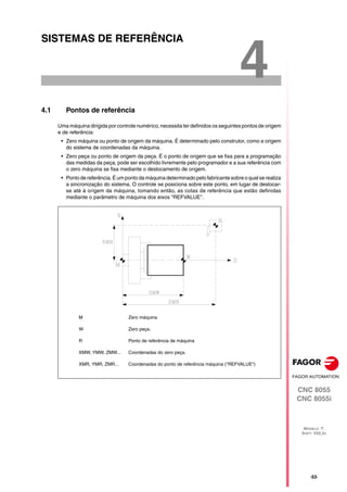 CNC 8055
CNC 8055i
MODELO ·T·
SOFT: V02.2X
4
·53·
SISTEMAS DE REFERÊNCIA
4.1 Pontos de referência
Uma máquina dirigida por controle numérico, necessita ter definidos os seguintes pontos de origem
e de referência:
• Zero máquina ou ponto de origem da máquina. É determinado pelo construtor, como a origem
do sistema de coordenadas da máquina.
• Zero peça ou ponto de origem da peça. É o ponto de origem que se fixa para a programação
das medidas da peça, pode ser escolhido livremente pelo programador e a sua referência com
o zero máquina se fixa mediante o deslocamento de origem.
• Ponto de referência. É um ponto da máquina determinado pelo fabricante sobre o qual se realiza
a sincronização do sistema. O controle se posiciona sobre este ponto, em lugar de deslocar-
se até à origem da máquina, tomando então, as cotas de referência que estão definidas
mediante o parâmetro de máquina dos eixos "REFVALUE".
M Zero máquina
W Zero peça.
R Ponto de referência de máquina
XMW, YMW, ZMW... Coordenadas do zero peça.
XMR, YMR, ZMR... Coordenadas do ponto de referência máquina ("REFVALUE")
 