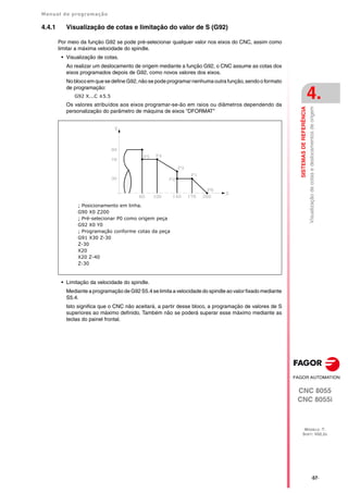 Manual de programação
CNC 8055
CNC 8055i
SISTEMAS
DE
REFERÊNCIA
4.
MODELO ·T·
SOFT: V02.2X
·57·
Visualização
de
cotas
e
deslocamentos
de
origem
4.4.1 Visualização de cotas e limitação do valor de S (G92)
Por meio da função G92 se pode pré-selecionar qualquer valor nos eixos do CNC, assim como
limitar a máxima velocidade do spindle.
• Visualização de cotas.
Ao realizar um deslocamento de origem mediante a função G92, o CNC assume as cotas dos
eixos programados depois de G92, como novos valores dos eixos.
No bloco emque se define G92, não se pode programar nenhuma outra função, sendo o formato
de programação:
G92 X...C ±5.5
Os valores atribuídos aos eixos programar-se-ão em raios ou diâmetros dependendo da
personalização do parâmetro de máquina de eixos "DFORMAT"
• Limitação da velocidade do spindle.
Mediante a programação de G92 S5.4 se limita a velocidade do spindle ao valor fixado mediante
S5.4.
Isto significa que o CNC não aceitará, a partir desse bloco, a programação de valores de S
superiores ao máximo definido. Também não se poderá superar esse máximo mediante as
teclas do painel frontal.
; Posicionamento em linha.
G90 X0 Z200
; Pré-selecionar P0 como origem peça
G92 X0 Y0
; Programação conforme cotas da peça
G91 X30 Z-30
Z-30
X20
X20 Z-40
Z-30
 