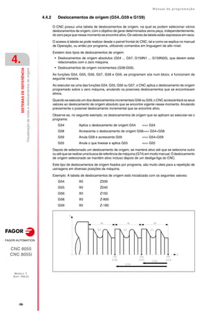 ·58·
Manual de programação
CNC 8055
CNC 8055i
4.
SISTEMAS
DE
REFERÊNCIA
MODELO ·T·
SOFT: V02.2X
Visualização
de
cotas
e
deslocamentos
de
origem
4.4.2 Deslocamentos de origem (G54..G59 e G159)
O CNC possui uma tabela de deslocamentos de origem, na qual se podem selecionar vários
deslocamentos de origem, com o objetivo de gerar determinados zeros peça, independentemente,
do zero peça que nesse momento se encontre ativo. Os valores da tabela estão expressos em raios.
O acesso à tabela se pode realizar desde o painel frontal do CNC, tal e como se explica no manual
de Operação, ou então por programa, utilizando comandos em linguagem de alto nível.
Existem dois tipos de deslocamentos de origem:
• Deslocamentos de origem absolutos (G54 ... G57, G159N1 ... G159N20), que devem estar
relacionados com o zero máquina.
• Deslocamentos de origem incrementais (G58-G59).
As funções G54, G55, G56, G57, G58 e G59, se programam sós num bloco, e funcionam da
seguinte maneira.
Ao executar-se uma das funções G54, G55, G56 ou G57, o CNC aplica o deslocamento de origem
programado sobre o zero máquina, anulando os possíveis deslocamentos que se encontravam
ativos.
Quando se executa um dos deslocamentos incrementais G58 ou G59, o CNC acrescentará os seus
valores ao deslocamento de origem absoluto que se encontre vigente nesse momento. Anulando
previamente o possível deslocamento incremental que se encontre ativo.
Observe-se, no seguinte exemplo, os deslocamentos de origem que se aplicam ao executar-se o
programa:
G54 Aplica o deslocamento de origem G54 ==> G54
G58 Acrescenta o deslocamento de origem G58==> G54+G58
G59 Anula G58 e acrescenta G59 ==> G54+G59
G55 Anula o que tivesse e aplica G55 ==> G55
Depois de selecionado um deslocamento de origem, se manterá ativo até que se selecione outro
ou atéqueserealizeuma buscadereferência demáquina(G74)emmodo manual.Odeslocamento
de origem selecionado se mantém ativo incluso depois de um desliga-liga do CNC.
Este tipo de deslocamentos de origem fixados por programa, são muito úteis para a repetição de
usinagens em diversas posições da máquina.
Exemplo: A tabela de deslocamentos de origem está inicializada com os seguintes valores:
G54: X0 Z330
G55: X0 Z240
G56: X0 Z150
G58: X0 Z-900
G59: X0 Z-180
 