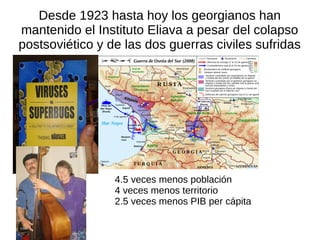 Desde 1923 hasta hoy los georgianos han
mantenido el Instituto Eliava a pesar del colapso
postsoviético y de las dos guerras civiles sufridas
4.5 veces menos población
4 veces menos territorio
2.5 veces menos PIB per cápita
 