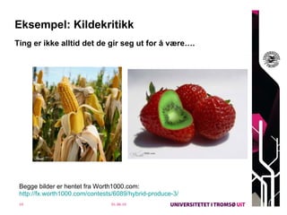 Eksempel: Kildekritikk Ting er ikke alltid det de gir seg ut for å være…. 01.06.10 Begge bilder er hentet fra Worth1000.com:  http://fx.worth1000.com/contests/6089/hybrid-produce-3/ 