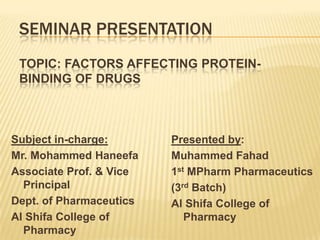 SEMINAR PRESENTATION
TOPIC: FACTORS AFFECTING PROTEIN-
BINDING OF DRUGS
Subject in-charge:
Mr. Mohammed Haneefa
Associate Prof. & Vice
Principal
Dept. of Pharmaceutics
Al Shifa College of
Pharmacy
Presented by:
Muhammed Fahad
1st MPharm Pharmaceutics
(3rd Batch)
Al Shifa College of
Pharmacy
 
