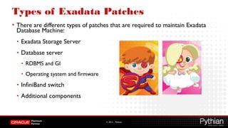 © 2012 – Pythian
Types of Exadata Patches
• There are different types of patches that are required to maintain Exadata
Database Machine:
• Exadata Storage Server
• Database server
• RDBMS and GI
• Operating system and firmware
• InfiniBand switch
• Additional components
 