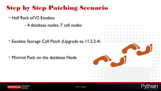 © 2012 – Pythian
Step by Step Patching Scenario
• Half Rack ofV2 Exadata
- 4 database nodes, 7 cell nodes
• Exadata Storage Cell Patch (Upgrade to 11.2.2.4)
• Minimal Pack on the database Node
 