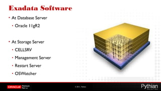 © 2012 – Pythian
Exadata Software
• At Database Server
• Oracle 11gR2
• At Storage Server
• CELLSRV
• Management Server
• Restart Server
• OSWatcher
 