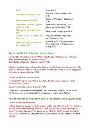 (1:1)

Worlds,(1:1)

'Ar-Rahmaanir-Rahiim (1:2)

The Beneficent, the Merciful.
(1:2)

Maaliki Yawmid-Diin; (1:3)

Owner of the Day of Judgement.
(1:3)

'Iyyaaka na'-budu wa 'iyyaaka
nasta-'iin.(1:4)

Thee (alone) we worship; Thee
(alone) we ask for help. (1:4)

'Ihdinas-Siraatal-Mustaqiim(1:5)

Show us the straight path,(1:5)

Siraatal-laziina 'an-'amta 'alay
him- (1:6)

The path of those whom Thou
hast favoured; (1:6)

Gayril-magzuubi 'alay him wa
laz-zaaalliin. (1:7)

Not (the path) of those who earn
Thine anger nor of those who go
astray. (1:7)

Recitation Of Surah Fatihah Behind Imam:Narrated by ‘Ubada bin As-Samit:Allah’s Apostle said, “Whoever does not recite
Al-Fatiha in his prayer, his prayer is invalid.”
Sahih Bukhari (Volume 1 : Book 12 : Hadith 723)
‘Ubada b. as-Samit reported from the Apostle of Allah (may peace be upon him ): He
who does not recite Fatihat al-Kitab is not credited with having observed the prayer.
Sahih Muslim Book 4, Number 0771
Ubadah bin As-Samil narrated that :
the Prophet (P.B.U.H) said: “There is no Salat for the one who does not recite
Fatihatil-Kitab.” (Sahih)
Sunan Tirmidhi (Vol. 1, Book 2, Hadith 247)
In this hadith prophet muhammad(pbuh) says anyone who does not recite Surah
Fatiha his prayer is not vaild.So,It is compulsory to recite surah Fatiha.

The Abrogation of Recitation behind the Imaam in the Loud Prayers
Ubadah bin As-Samit narrated:
“Allah’s Messenger prayed the Subh prayer, and he had difficulty with the recitation.
When turned (after finishing) he said: ‘I think that you are reciting behind your
Imam?’” He said: “We said: ‘Yes, Messenger of Allah, by Allah!’ He said: ‘Do not do
that, except for Umm Al-Kitab, for there is no Salat for one who does not recite it.’”
(Sahih)

 