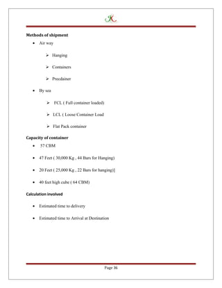 Methods of shipment
• Air way
 Hanging
 Containers
 Precdainer
• By sea
 FCL ( Full container loaded)
 LCL ( Loose Container Load
 Flat Pack container
Capacity of container
• 57 CBM
• 47 Feet ( 30,000 Kg , 44 Bars for Hanging)
• 20 Feet ( 25,000 Kg , 22 Bars for hanging)]
• 40 feet high cube ( 64 CBM)
Calculation involved
• Estimated time to delivery
• Estimated time to Arrival at Destination
Page 36
 