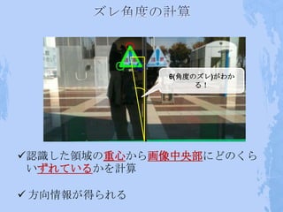 θ(角度のズレ)がわか
                   る！




認識した領域の重心から画像中央部にどのくら
 いずれているかを計算

 方向情報が得られる
 