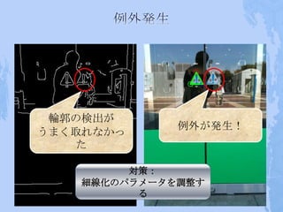 輪郭の検出が
              例外が発生！
うまく取れなかっ
    た

         対策：
    細線化のパラメータを調整す
          る
 