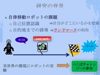    自律移動ロボットの課題
     自己位置認識   ⇒自分がどこにいるかを把握
     目的地までの誘導 ⇒ランドマークの利用


      地点A   Land mark


                           ゴール




実世界の環境にロボットの実           つくばチャレン
                         ジへの参加
験
 