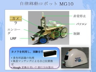 非常停止
 カメ
  ラ                     パソコン

エンコー
ダ                       制御
LRF



 カメラを利用し、実験を行う：

 • 多角形認識の処理
 • 風景マッチングによる自己位置推
 定
 • Hough 変換を用いた進行方向算出
 