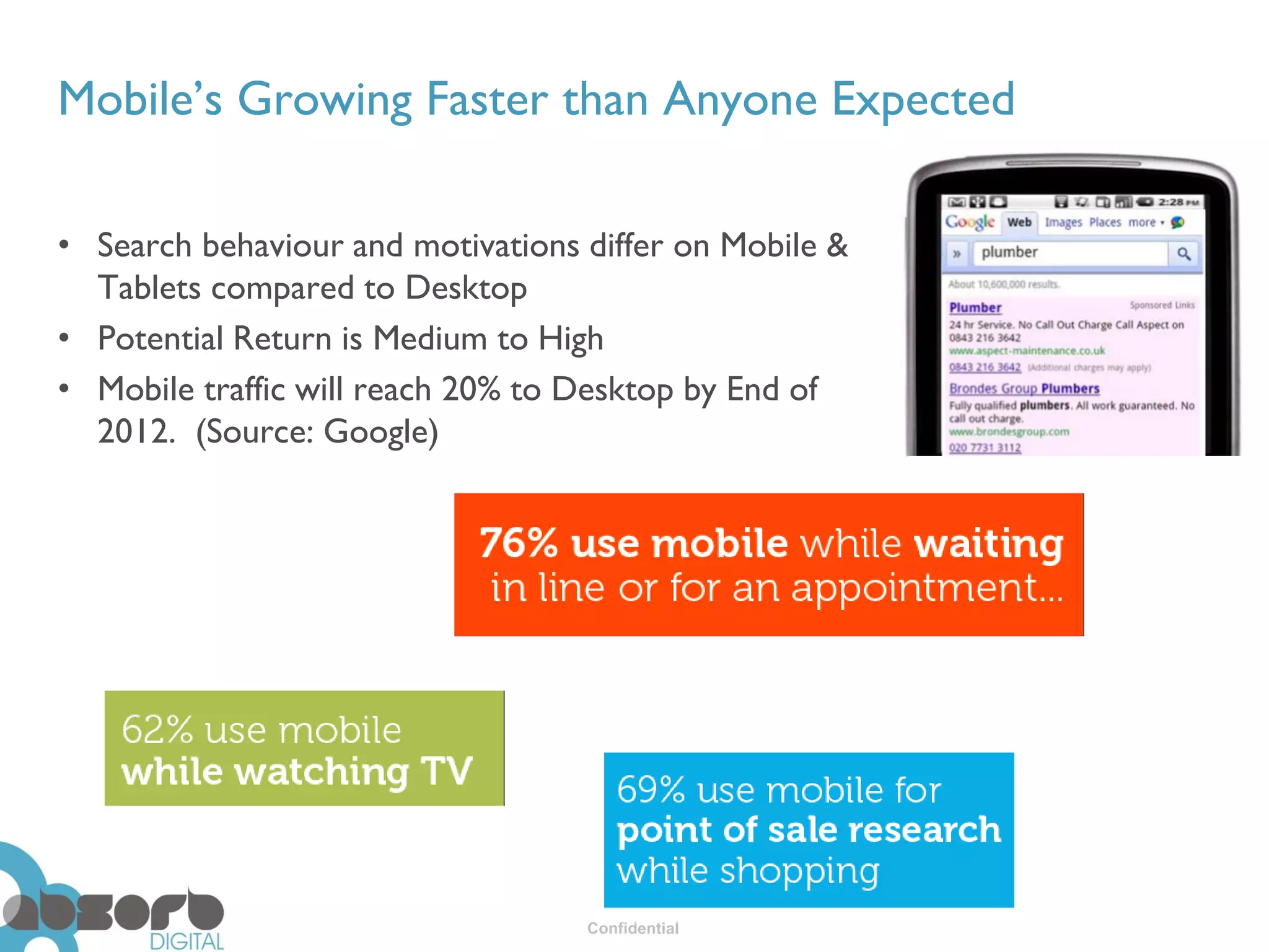 Mobile’s Growing Faster than Anyone Expected

• Search behaviour and motivations differ on Mobile &
  Tablets compared to Desktop
• Potential Return is Medium to High
• Mobile traffic will reach 20% to Desktop by End of
  2012. (Source: Google)




                                   Confidential
 