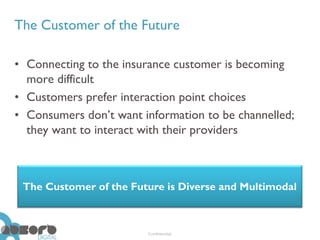 The Customer of the Future

• Connecting to the insurance customer is becoming
  more difficult
• Customers prefer interaction point choices
• Consumers don’t want information to be channelled;
  they want to interact with their providers



 The Customer of the Future is Diverse and Multimodal



                        Confidential
 