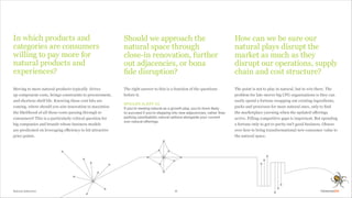 Natural Selection 12
In which products and
categories are consumers
willing to pay more for
natural products and
experiences?
Moving to more natural products typically drives
up component costs, brings constraints to procurement,
and shortens shelf life. Knowing these cost hits are
coming, where should you aim innovation to maximize
the likelihood of all those costs passing through to
consumers? This is a particularly critical question for
big companies and brands whose business models
are predicated on leveraging efficiency to hit attractive
price points.
The right answer to this is a function of the questions
before it.
SPOILER ALERT 02
If you’re viewing natural as a growth play, you’re more likely
to succeed if you’re stepping into new adjacencies, rather than
parking cannibalistic natural options alongside your current
non-natural offerings.
Should we approach the
natural space through
close-in renovation, further
out adjacencies, or bona
fide disruption?
How can we be sure our
natural plays disrupt the
market as much as they
disrupt our operations, supply
chain and cost structure?
The point is not to play in natural, but to win there. The
problem for late-mover big CPG organizations is they can
easily spend a fortune swapping out existing ingredients,
packs and processes for more natural ones, only to find
the marketplace yawning when the updated offerings
arrive. Filling competitive gaps is important. But spending
a fortune only to get to parity isn’t good business. Obsess
over how to bring transformational new consumer value to
the natural space.
 