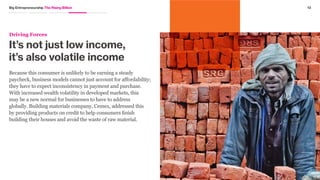 Note: US data from Pew Research Center Surveys
Source: Spring 2014 Global Attitudes survey. Q66 PEW RESEARCH CENTER
Cell phone penetration in Africa (%)
100%
50%
0%
Cell phone
penetration
2002					2007					2014
Year
United States	 89
South Africa	 89
Ghana		 83	
Kenya		 82
Tanzania		 73
Uganda		 65
64
33
10
10
9
8
12Big Entrepreneurship The Rising Billion
The speed of change
is more rapid
Driving Forces
The speed of technological change is enabling consumers
to leapfrog from technologies and systems that have
been the standard of operation for the developed world.
Because there are few existing infrastructure constraints,
the speed of adoption and change in emerging markets
can be much more rapid than in developed ones. For
instance, in Africa, landlines never hit critical mass,
enabling consumers to move straight to mobile phones.
 