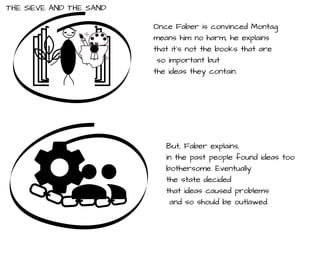 THE SIEVE AND THE SAND
Once Faber is convinced Montag
means him no harm, he explains
that it’s not the books that are
so important but
the ideas they contain.
But, Faber explains,
in the past people found ideas too
bothersome. Eventually
the state decided
that ideas caused problems
and so should be outlawed.
 