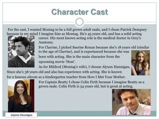 Character Cast

 For the cast, I wanted Montag to be a full grown adult male, and I chose Patrick Dempsey
because in my mind I imagine him as Montag. He’s 45 years old, and has a solid acting
                      career. His most known acting role is the medical doctor in Grey’s
                      Anatomy.
                      For Clarrise, I picked Saorise Ronan because she’s 18 years old (similar
                      to the age of Clarrise), and is experianced because she was
                      born with acting. She is the main character from the
                      upcoming movie ‘Host’.
                      As for Mildred (Montag’s wife), I choose Alyson Hannigan,
Since she’s 38 years old and also has experience with acting. She is known
for a famous sitcom as a kindergarten teacher from How I Met Your Mother.
                      For Captain Beatty I chose Colin Firth because I imagine Beatty as a
                      grown male. Colin Firth is 54 years old, but is great at acting.
 