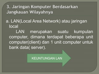 a. LAN(Local Area Network) atau jaringan
  local
     LAN merupakan suatu kumpulan
  computer, dimana terdapat beberapa unit
  computer(client) dan 1 unit computer untuk
  bank data( server).

             KEUNTUNGAN LAN
 