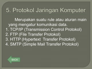 Merupakan suatu rule atau aturan main
  yang mengatur komunikasi data.
1. TCP/IP (Transmission Control Protokol)
2. FTP (File Transfer Protokol)
3. HTTP (Hypertext Transfer Protokol)
4. SMTP (Simple Mail Transfer Protokol)


   BACK
 