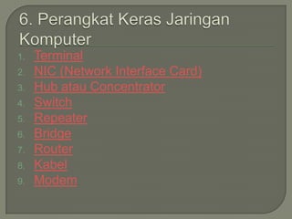 1.   Terminal
2.   NIC (Network Interface Card)
3.   Hub atau Concentrator
4.   Switch
5.   Repeater
6.   Bridge
7.   Router
8.   Kabel
9.   Modem
 