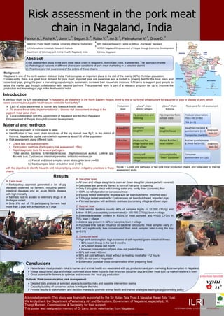 Risk assessment in the pork meat
                             chain in Nagaland, India
                                    1                2               3                  4                  5           3                         2               2
                   Fahrion A. , Richa K. , Jamir L. , Begum S. , Rutsa V. , Ao S. , Padmakumar V. , Grace D.
                   1                                                                          4
                       Veterinary Public Health Institute, University of Berne, Switzerland       NRC National Research Centre on Mithun, Jharnapani, Nagaland
                   2                                                                          5
                       ILRI International Livestock Research Institute                            NEPED Nagaland Empowerment of People through Economic Development,
                   3
                       Department of Veterinary and Animal Health, Nagaland, India                Kohima, Nagaland


                    Abstract
                    A risk assessment study in the pork meat value chain in Nagaland, North-East India, is presented. The approach implies
                    a) Pathological hazards in different chains and conditions of pork meat marketing in a selected district
                    b) Practices and risk awareness of the actors of these chains
Background
Nagaland is one of the north-eastern states of India. Pork occupies an important place in the diet of the mainly (90%) Christian population.
Consequently, there is a great local demand for pork meat; imported pigs are expensive and a market is growing fast for the local black and
cross-bred pigs, giving the poor a marketing opportunity to sustainably increase their household incomes. ILRI aims to support poor people to
seize this market gap through collaboration with national partners. The presented work is part of a research program set up to improve the
production and marketing of pigs in the Northeast of India.

Introduction
A previous study by ILRI indicates that “in Nagaland, as elsewhere in the North Eastern Region, there is little or no formal infrastructure for slaughter of pigs or display of pork, which
raises concerns about public health issues related to food safety”1.
    Lack of public awareness for human and livestock health risks                                Production           „Rural“ chain:         „Town“ chain:        Tools used for risk assessment
    To assess these risks, implementation of a disease risk assessment strategy in the              level            district villages          Kohima
   pig/pork meat value chain
    Local collaboration with the Government of Nagaland and NEPED (Nagaland                     A.Farm            Pig production and     Pigs imported from      Producer observation
   Empowerment of People through Economic development)                                                             fattening              outside state           check list (n=60)
                                                                                                                                                                  PRA (n=9)
Material and methods
                                                                                                                     B.Slaughter   Self/home               Town                Slaughter check list &
   Pathway approach  from stable to table                                                                                        slaughter               slaughterhouse      questionnaire (n=4) Diagnostic
   Identification of two basic chain structures of the pig market (see fig.1) in the district of                                                                                                     tests (a)
    Kohima, Nagaland’s capital district which represents about 1/6 of the population                                                                                           Transporter check list
   Risk assessment using different tools:                                                        C.Butcher                        Meat used for           Market Butcher /    Butcher questionnaire
     Check lists and questionnaires                                                                                               village feast or sold   meat retailer       & check list (n=26) Diagnostic
     Participatory methods (Participatory risk assessment, PRA)                                                                   inside village                                                    tests (b)
     Rapid diagnostic tests for several pathogens
       (Total aerobic bacteria, Enterobacteriaceae, Staphylococcus aureus, Listeria spp, D.Consume                                 Mainly self             Consumption by      Consumer
       Brucella suis, Cysticercus, intestinal parasites, antibiotic residues) in                  r                                consumption inside      “Town” Consumer     questionnaire (n=216)
                        a) Faecal and blood samples taken at slaughter level (n=93)                                                village
                        b) Meat samples taken at butcher level (n=91),
  with the objective to identify hazards and risk amplifying and/or -mitigating practices in these Figure 1: Levels and pathways of two pork meat production chains, and tools used for the risk
                                                                                                   assessment study.
  chains.

                                                  Results
                                                                          B. Slaughter level
  A. Farm level                                                            All town and village slaughter is open-air (town slaughter places partially covered)
   Participatory appraisal generated a list of pig                        Carcasses are generally flamed to burn off hair prior to opening
  diseases observed by farmers, including gastro-                          Only 1 slaughter place with running water and partly fixed (concrete) floor
  intestinal diseases and an acute febrile disease                         100% no refridgeration of carcasses/meat
  with high mortality                                                      6% pigs tested positive for Brucella suis (all town butchered, imported pigs)
   Farmers had no access to veterinary drugs in all                       7.5% pigs tested positive for Cysticercosis (all town butchered, imported pigs)
  9 villages visited                                                       4% meat samples with antibiotic residues (comprising village and town pigs)
   Only 6% out of 70 participating farmers kept
  more than 3 pigs with a maximum of 6 pigs                               C. Butcher level
                                                                           Total aerobic bacteria counts: 46% of samples highly (> 10 000 CFU/g) and
                                                                          further 19,8% unacceptably contaminated (> 100 000 CFU/g); town > village
                                                                           Enterobacteriaceae present in 83,5% of meat samples and >1000 CFU/g in
                                                                          75%; town > village
                                                                           Listeria spp present in 32% of samples; town > village
                                                                           Purchase time has an influence on bacterial cell counts: meat sampled early (7-
                                                                          9.30 am) significantly less contaminated than meat sampled later during the day
                                                                          (p<0.01)
                                                                          D. Consumer level
                                                                           High pork consumption, high incidence of self-reported gastro intestinal illness:
                                                                              83% report illness in the last 6 months
                                                                              32% report illness last month
                                                                              however, consumption of pork does not predict illness
                                                                           99% boil meat >60 min
                                                                           96% eat cold leftovers, most without re-heating, most after >12 hours
                                                                           90% do not own a fridgerator
                                                                           Evidence of possible cross-contamination when preparing food
                    Conclusions
                         Hazards and most probably risks to human and animal health are associated with pig production and pork marketing & consumption in Nagaland
                         Village slaughtered pigs and village pork meat show fewer hazards than imported slaughter pigs and their meat sold by market retailers in town
                         Great potential for farmers to optimize and increase the local pig production
                    Outlook: Risk communication, risk management
                         Detailed data analysis of selected aspects to identify risks and possible intervention realms
                         Capacity building of concerned actors to mitigate the risks
                         Provide results to stakeholders and decision makers to promote animal health and market strategies leading to pig-promoting policy


                   Acknowledgements: This study was financially supported by the Sir Ratan Tata Trust & Navajbai Ratan Tata Trust.
                   We kindly thank the Department of Veterinary, AH and Sericulture, Government of Nagaland, especially L. H.
                   Thangi Mannen, Commissioner & Secretary, for their support.                                                                                                      ILRI
                   This poster was designed in memory of Dr Lanu Jamir, veterinarian from Nagaland.                              INTERNATIONAL LIVESTOCK                                           RESEARCH
                                                                                                                                                                        INSTITUTE
                   1   Deka, R. and Thorpe, W. 2008. Nagaland’s pig sub sector – current status, constraints and opportunities
 